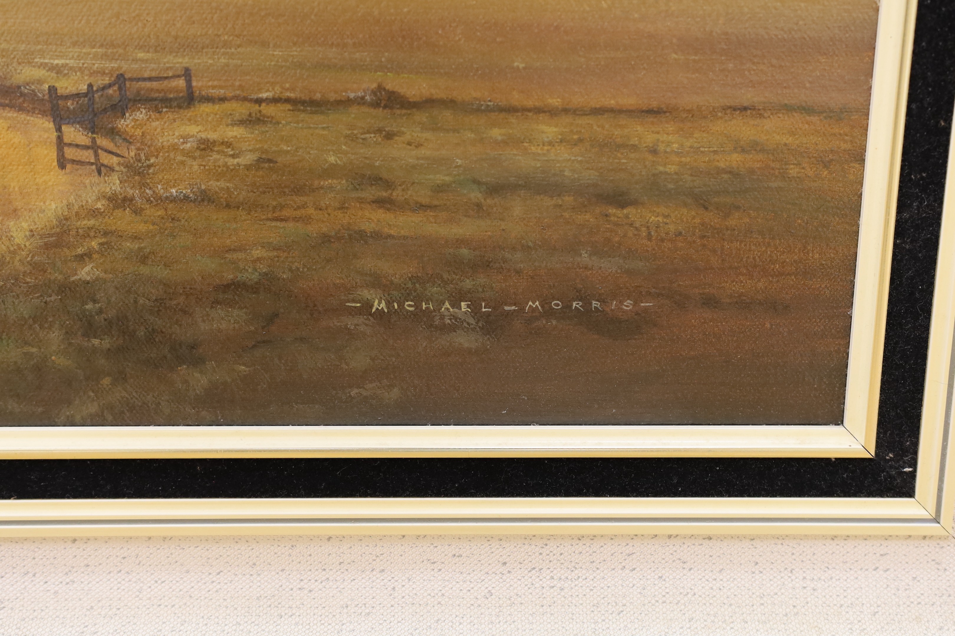 Michael Morris (b.1938), oil on canvas, River landscape at dawn, signed, 44 x 120cm